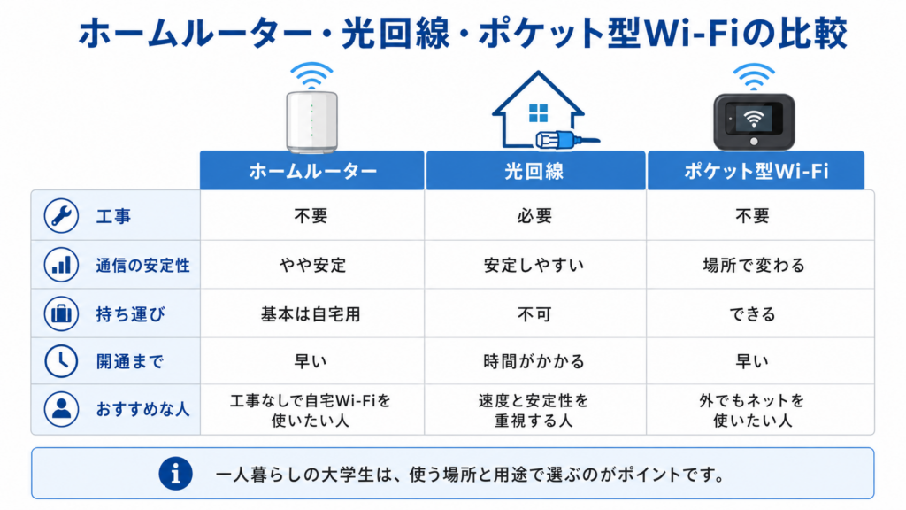 ホームルーター、光回線、ポケット型Wi-Fiの工事有無、通信の安定性、持ち運び、開通までの早さ、おすすめな人を比較した表