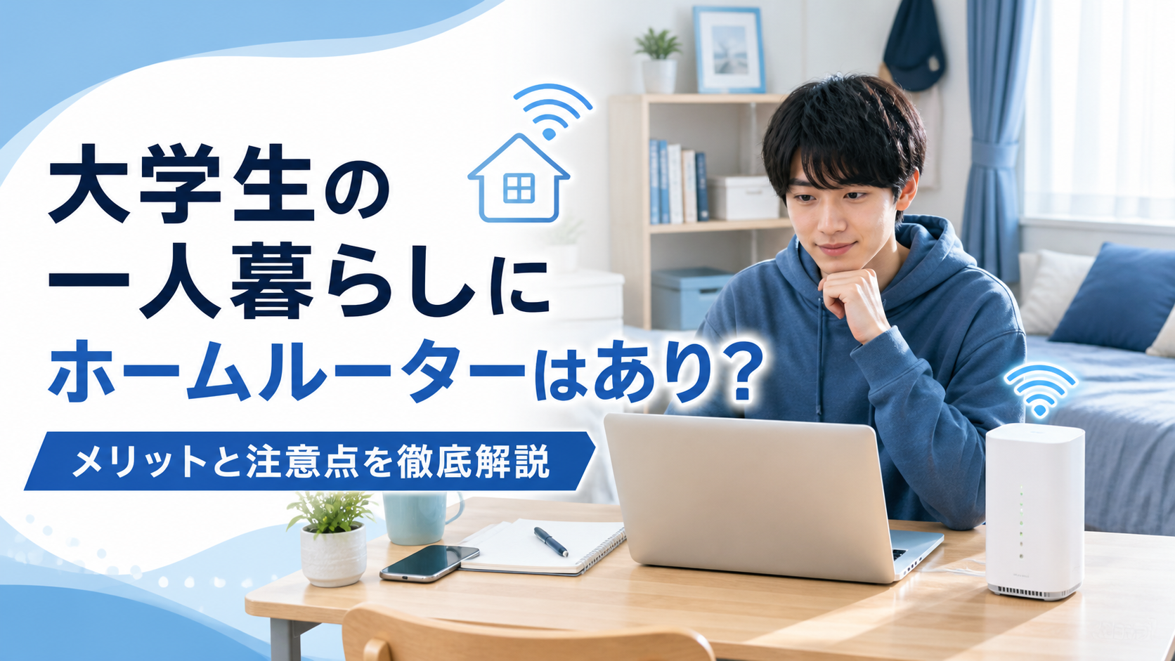 大学生の一人暮らしの部屋で、ノートパソコンを見ながらホームルーターを使う学生