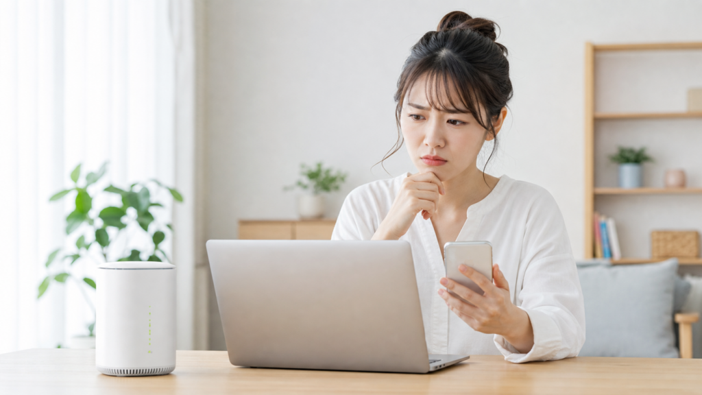 wimax 審査に不安を感じながら、スマホとパソコンで申込内容を確認する日本人女性とWi-Fiルーター