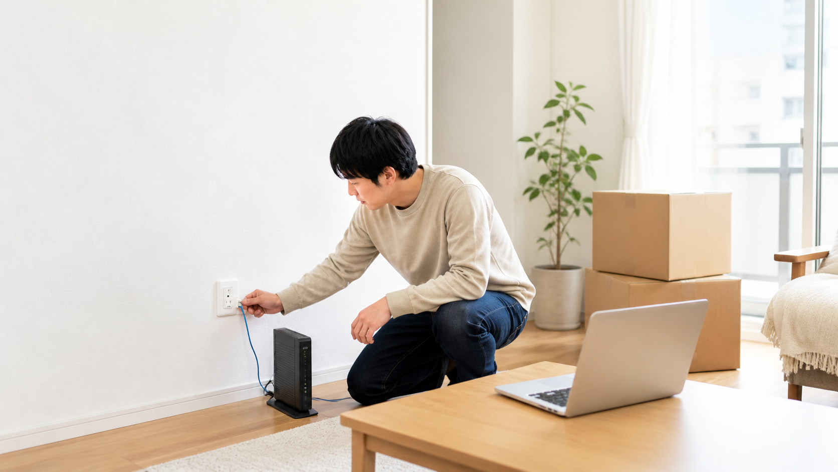 UR賃貸の室内で光回線のコンセントとルーターを確認する男性