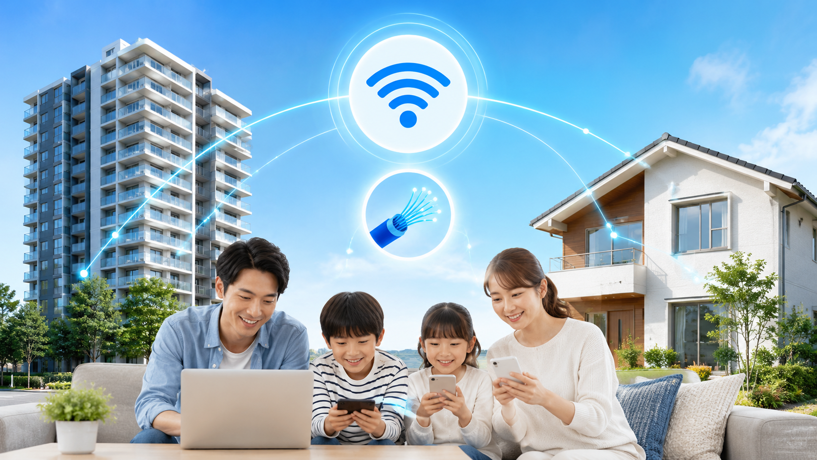 マンション高層階と戸建てのインターネット回線プランを比較するイメージ
