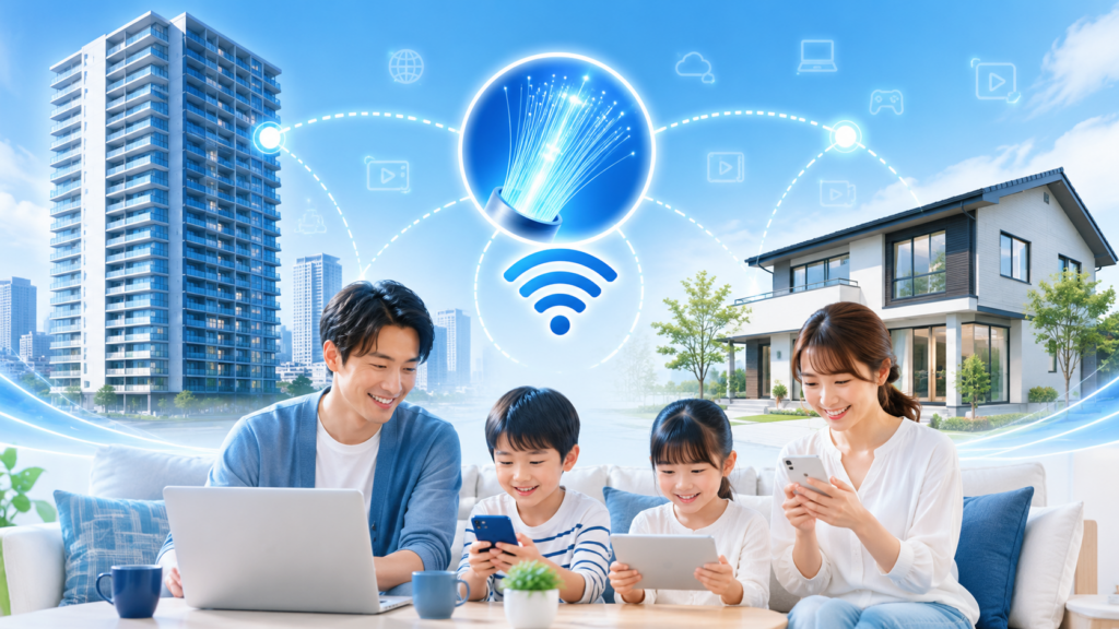 マンション高層階と戸建てのインターネット回線プランを比較するイメージ