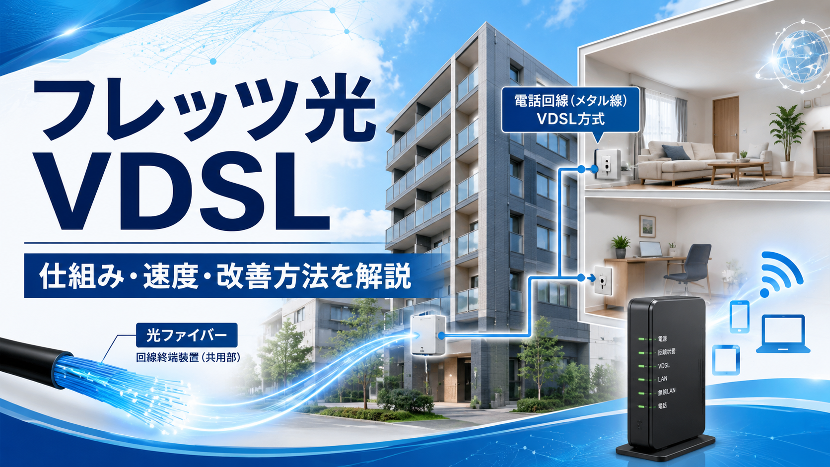 フレッツ光のVDSL方式について、マンションの配線構造と速度改善のポイントを解説するイメージ画像
