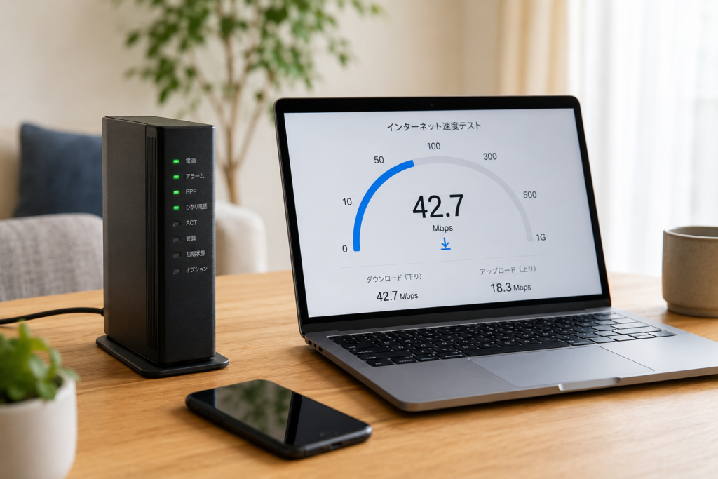 フレッツ光VDSL方式の速度を確認するために、モデムとパソコンでインターネット速度テストを行う様子