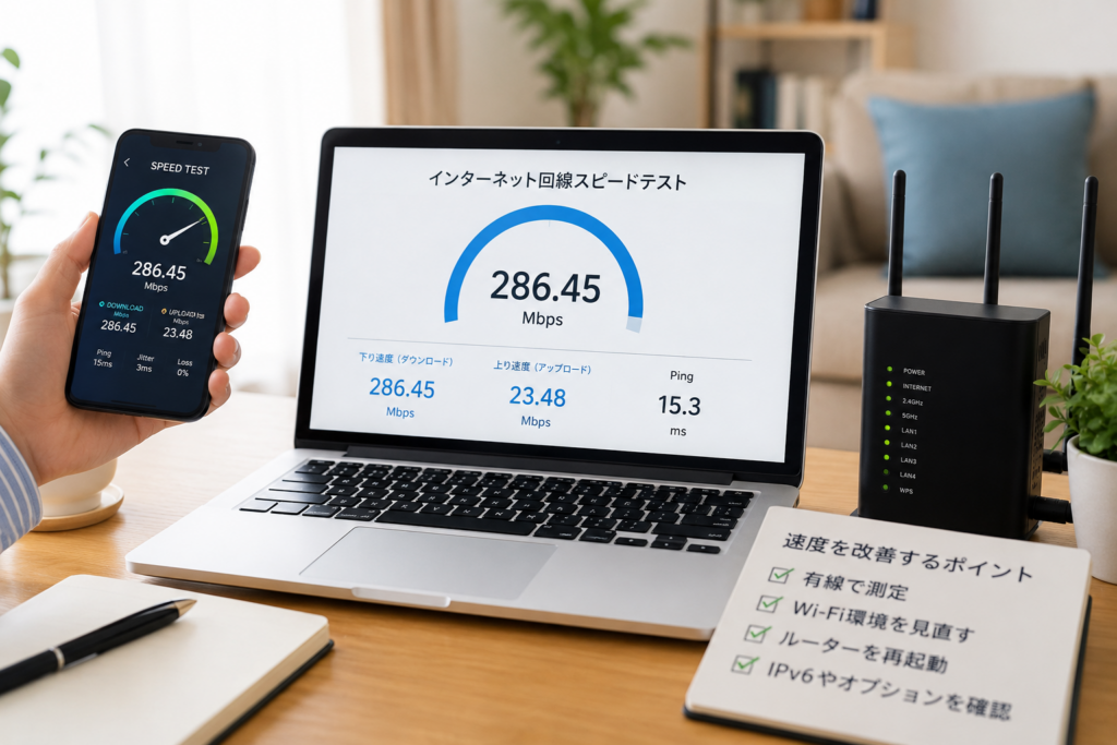 つなぐネットコミュニケーションズの通信速度をパソコンとスマートフォンで測定し、Wi-Fiルーターの改善ポイントを確認する様子