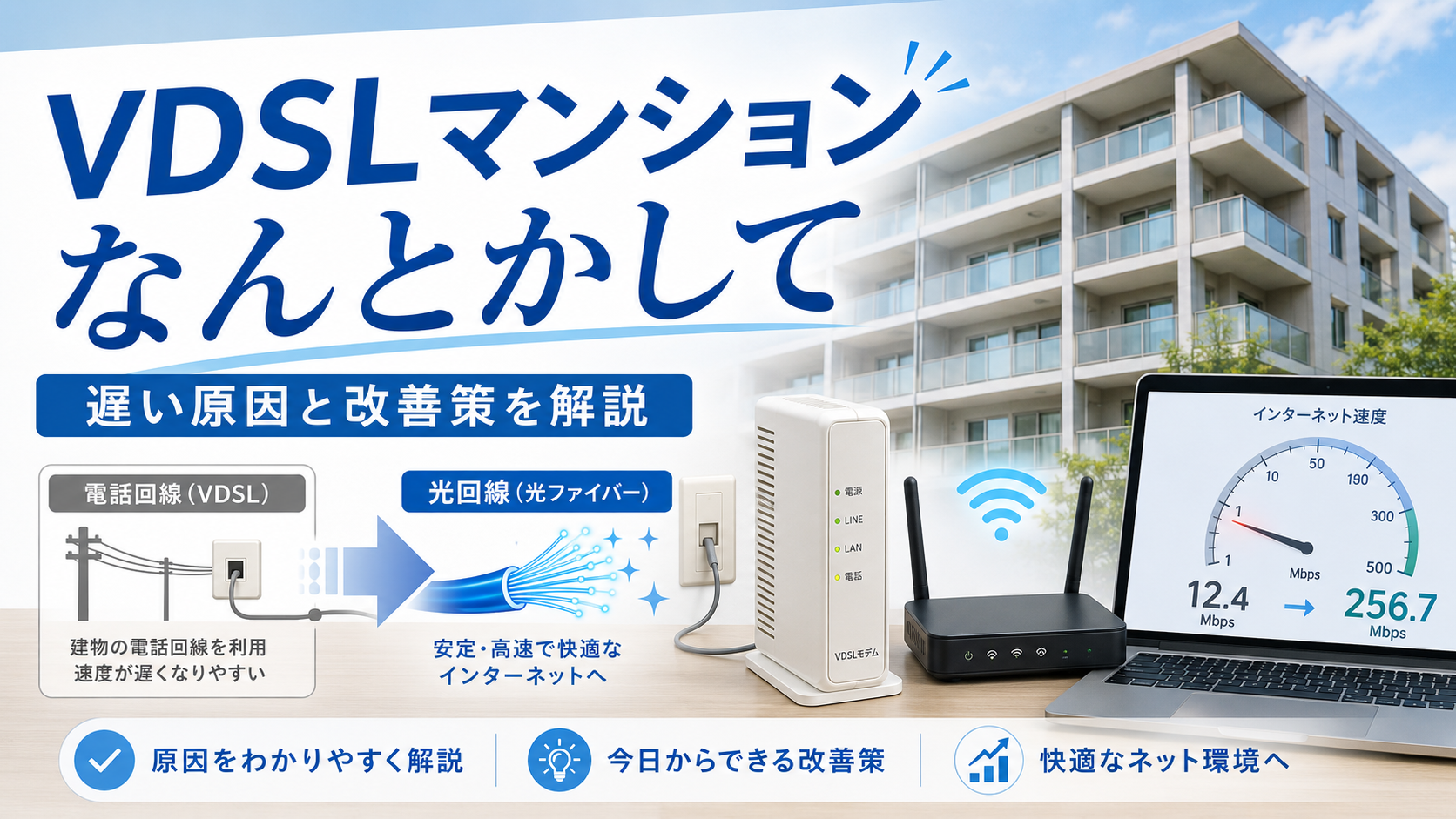VDSLマンションの遅い原因と改善策を解説するイメージ。電話回線から光回線への変更、Wi-Fiルーター、速度改善を図解。