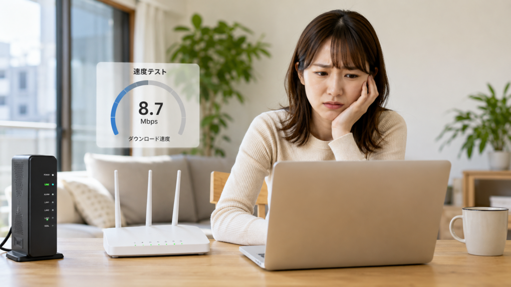 VDSLマンションの遅いネット回線に悩む女性と、速度改善策やIPv6、光配線方式への変更方法を示すイメージ
