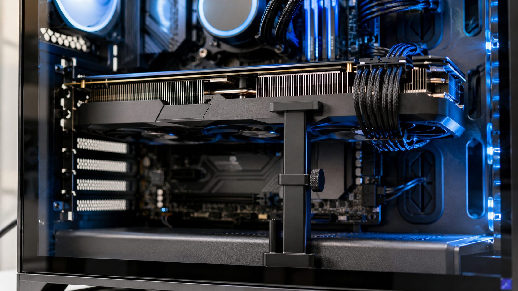 大型グラフィックボードを黒いGPUステーで支えるゲーミングPC内部の実写風アイキャッチ画像