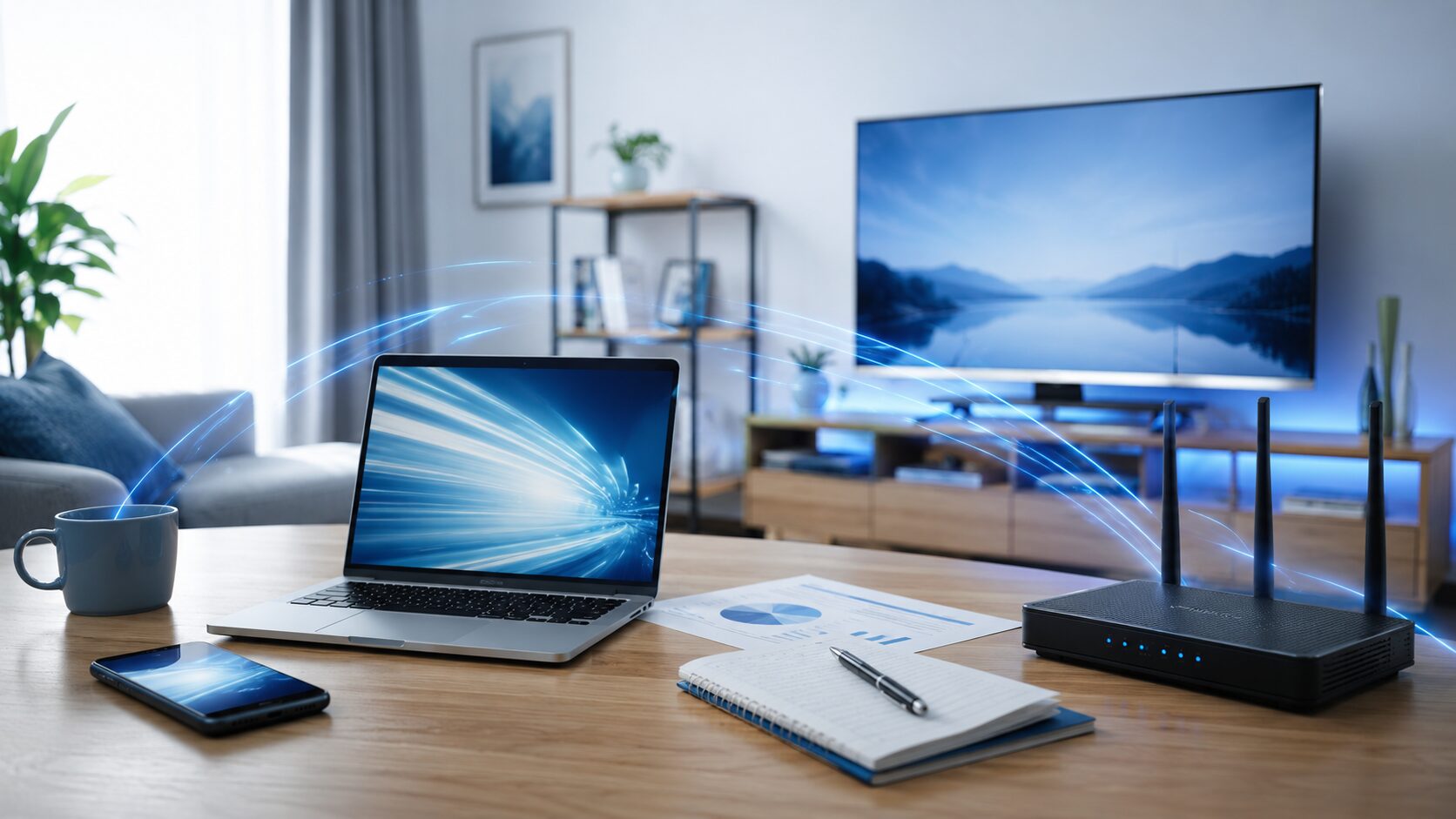 j:com net 1gコースの評判や速度を比較検討するためのWi-Fiルーターとパソコンの実写風イメージ