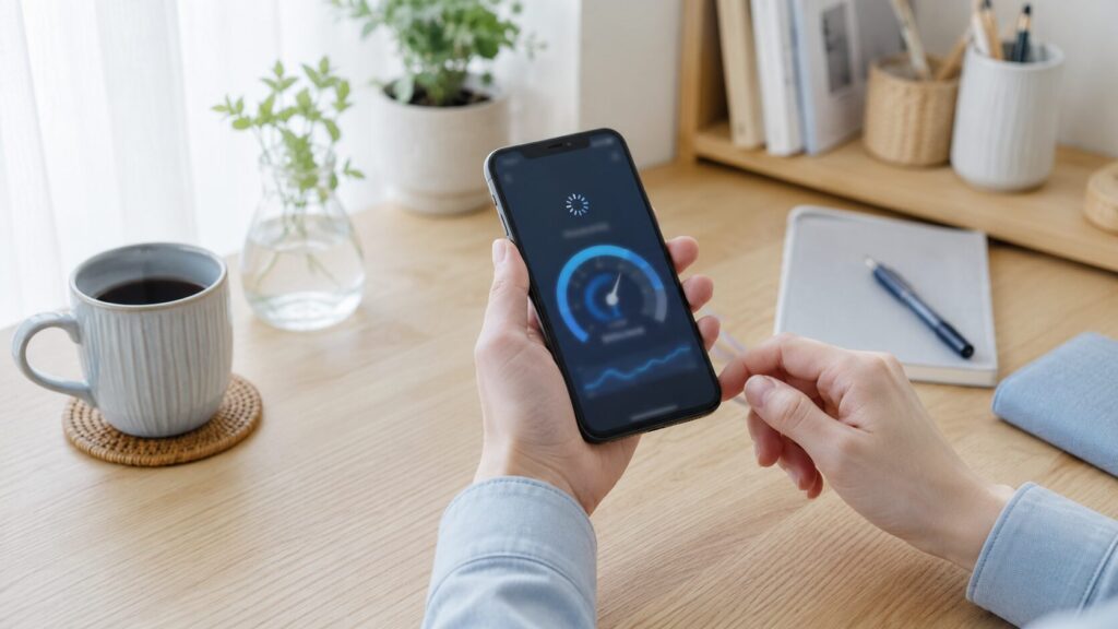 スマートフォンで日本通信SIMの通信速度を確認する人物の手元画像