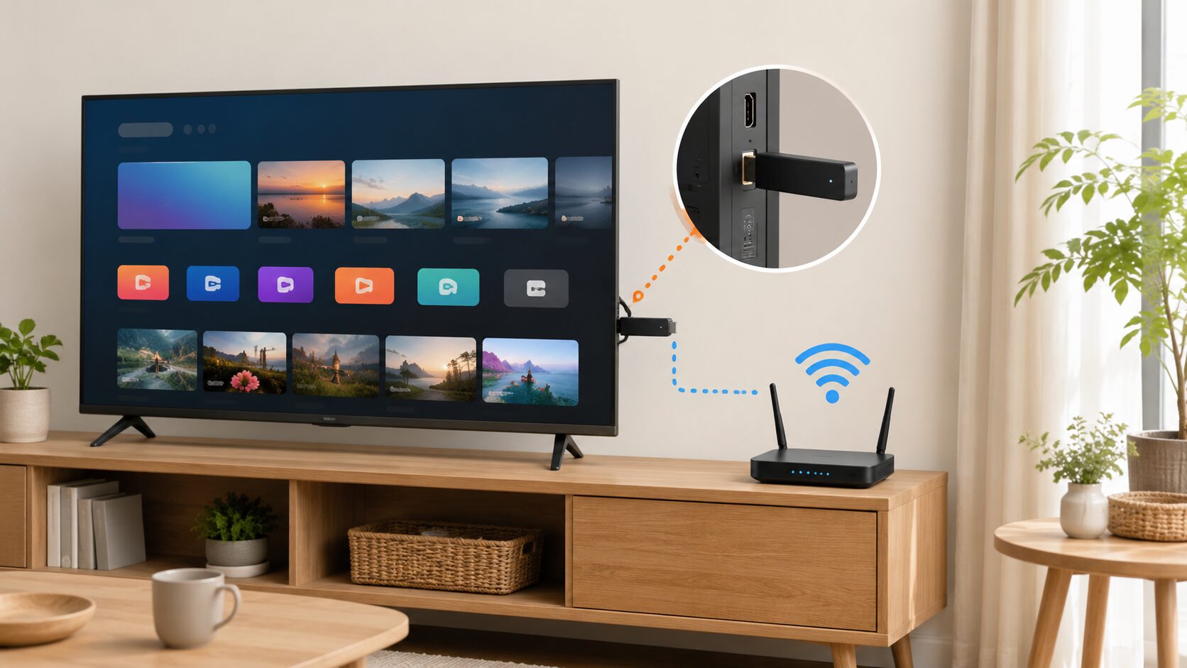 ファイヤースティックwifi設定の手順を解説するためのテレビとルーターのイメージ
