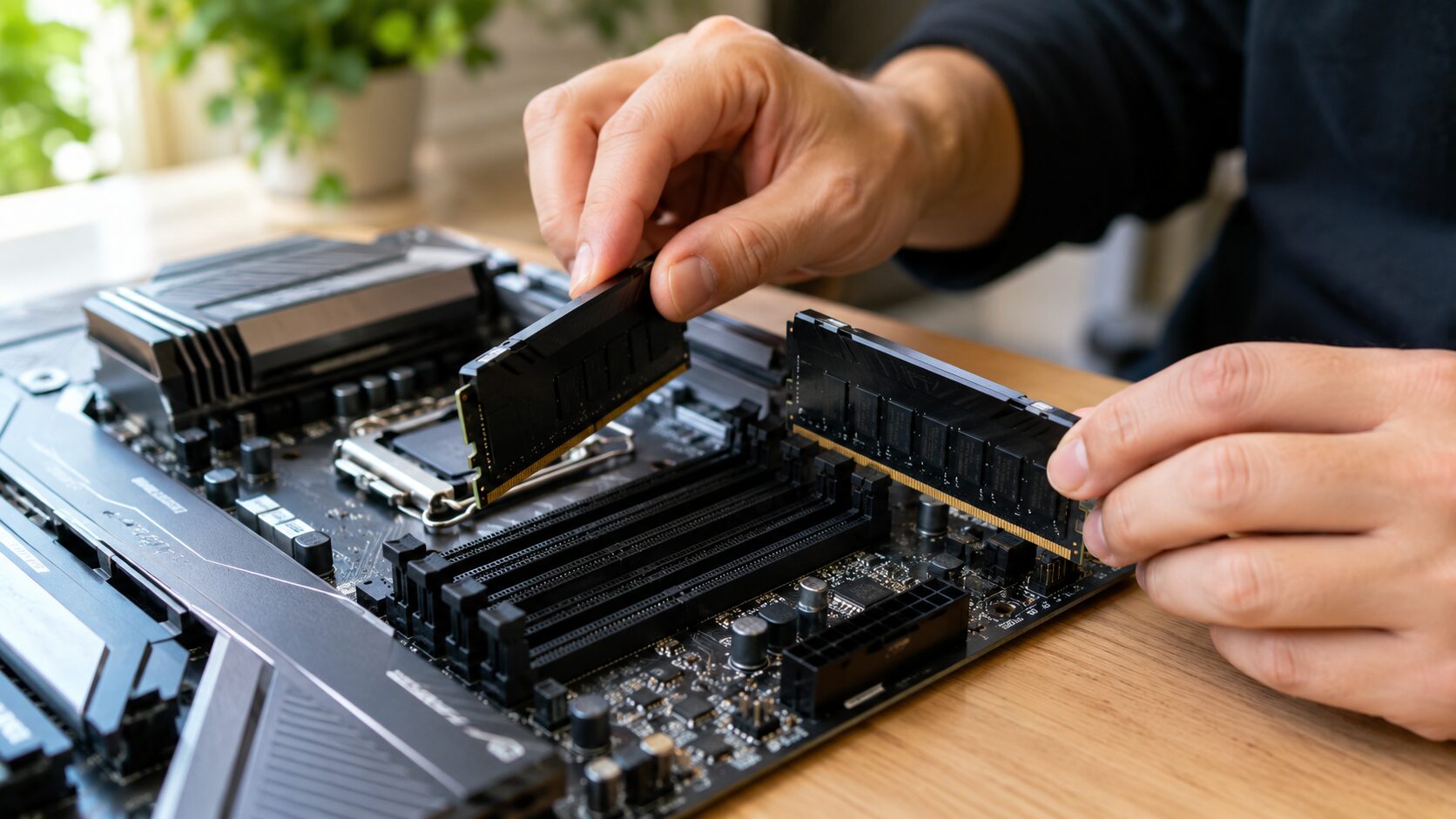 メモリを2枚挿す場所を確認しながらマザーボードにRAMを取り付ける様子