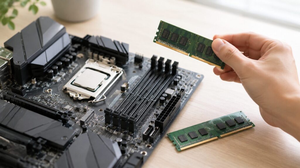 メモリを2枚挿す場所を確認しながらマザーボードとRAMを準備している様子