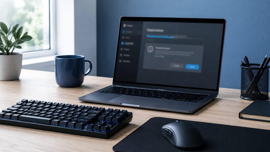 リード文直下に入れる画像用プロンプトです。
```markdown
1280×720、jpg、実写風、文字なし、ロゴなし。清潔感のあるデスク上にゲーミングマウス、キーボード、ノートパソコンが置かれている。パソコン画面にはソフトウェアの削除や設定確認を連想させるシンプルな画面がぼんやり表示されている。G HUBのアンインストール手順を解説する記事の導入画像として使いやすいように、青と黒を基調にした落ち着いた雰囲気、自然光とやわらかい影、余白を少し多めにしたブログ向けの横長構図。
```