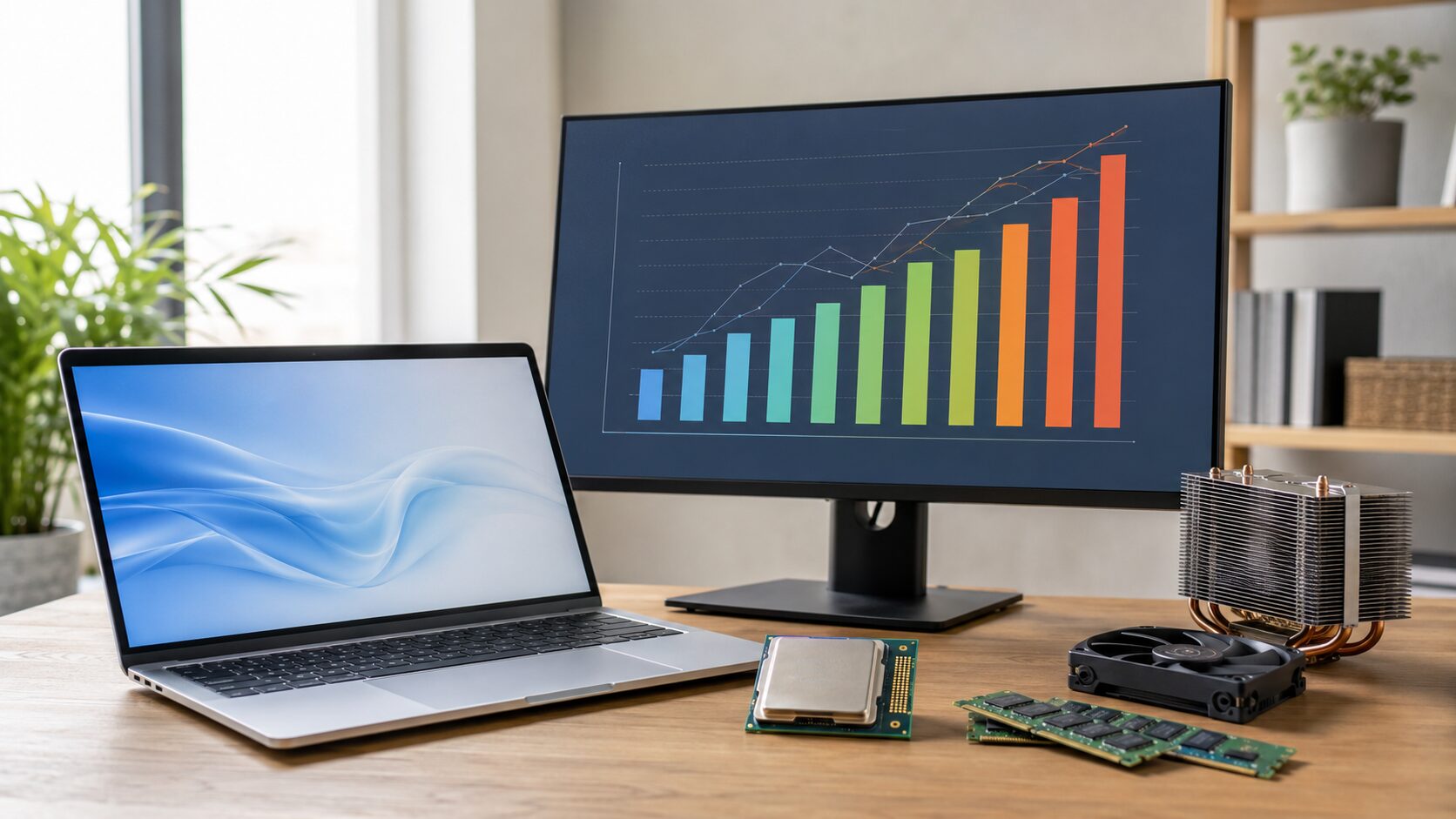 CPU性能比較を確認しながらパソコン選びをする実写風のワークスペース