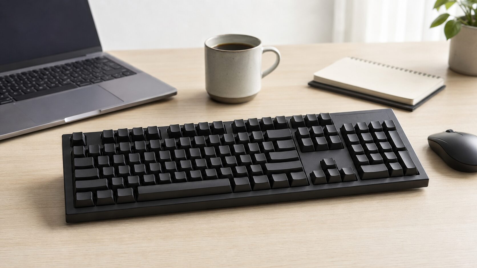 keychronk10をイメージしたテンキー付きメカニカルキーボードを置いた作業デスク