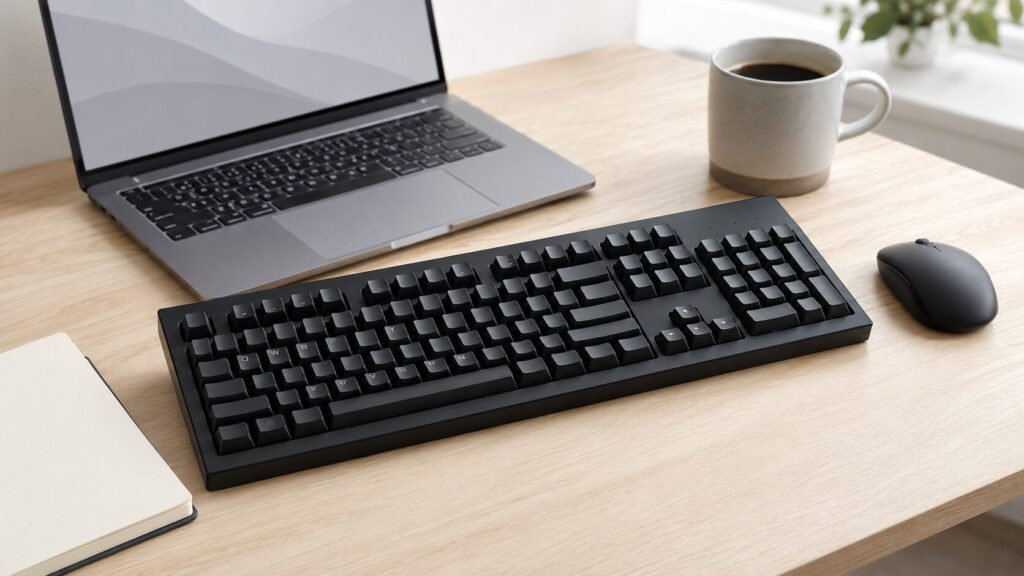 keychronk10をイメージしたテンキー付きメカニカルキーボードを置いた作業デスク