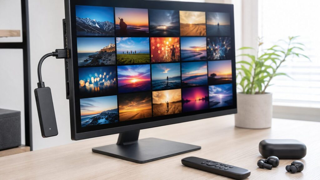 ファイヤースティックをPCモニターに接続して動画を視聴するデスク環境
