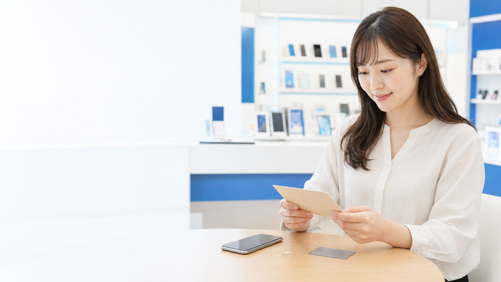 ゲオの格安SIM審査に備えて、スマートフォンやSIMカード、本人確認書類を確認する様子