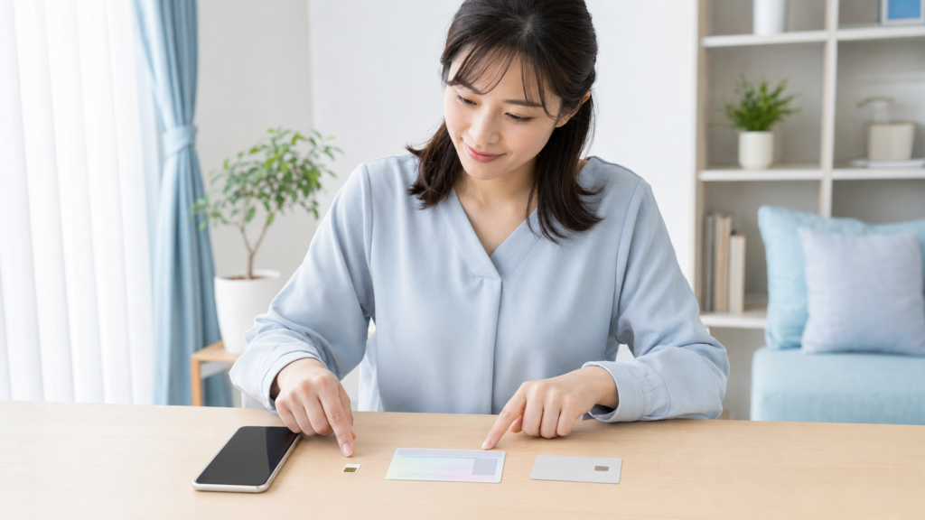 ゲオの格安SIM審査に備えて、スマートフォンやSIMカード、本人確認書類を確認する利用者