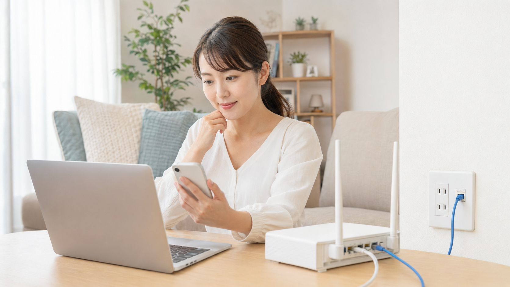 集合住宅のリビングでJ:COM NET 1Gコースを比較する女性とWi-Fiルーター
