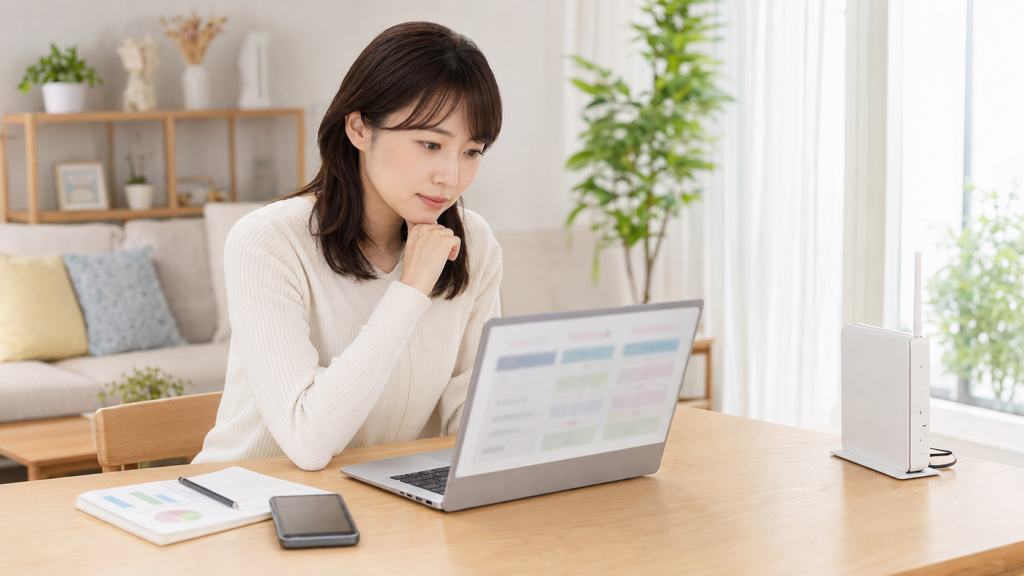 集合住宅のリビングでインターネット回線の料金や速度を確認する女性