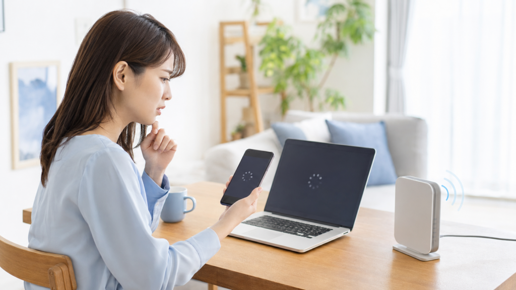 J:COMのWi-Fiが遅く、パソコンやスマートフォンの通信状態を確認する利用者
