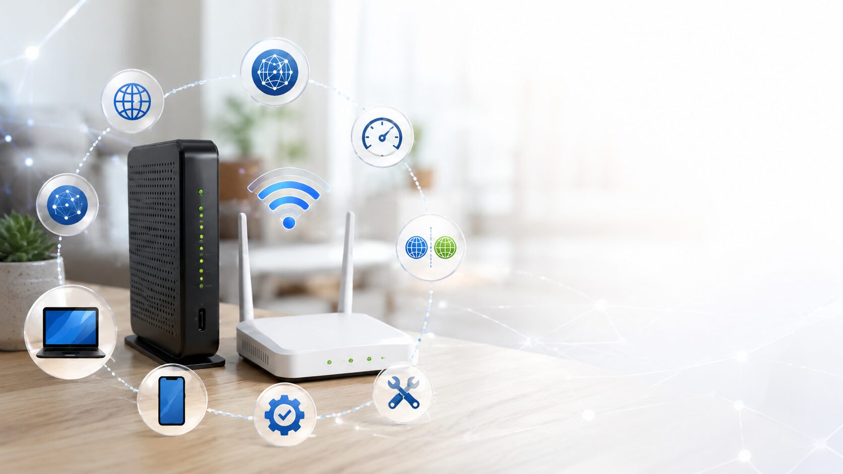 J:COMのIPv6対応状況や設定方法、速度確認をイメージしたルーターと通信機器のアイキャッチ画像