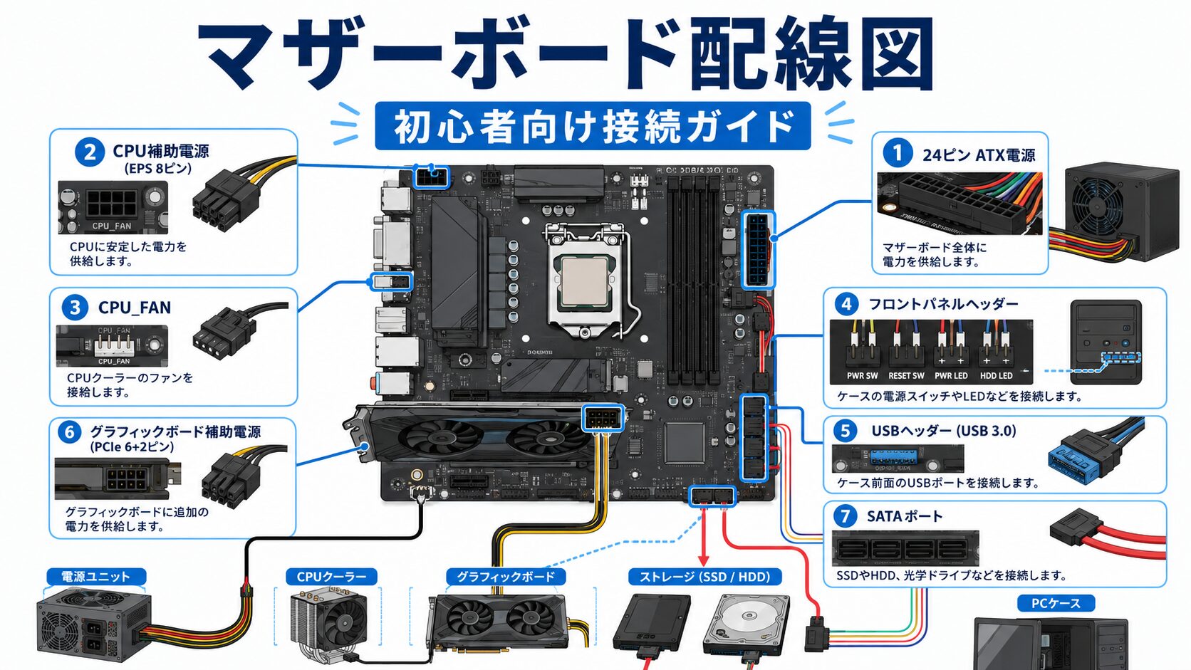 マザーボード配線図の主要コネクタと接続場所を初心者向けに示した図解イメージ