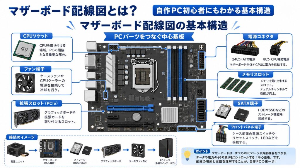 マザーボード配線図の基本構造と各パーツの接続場所を初心者向けに示した図解イメージ