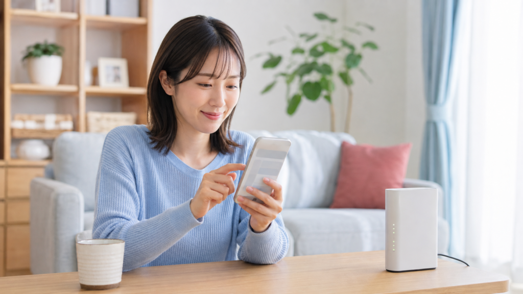 スマートフォンでドコモ光ありがとうポイントの終了と現在の契約内容を確認する利用者のイメージ