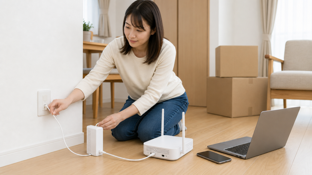 光ファイバー対応の賃貸で光コンセントを確認しWi-Fiルーターを設置する様子
