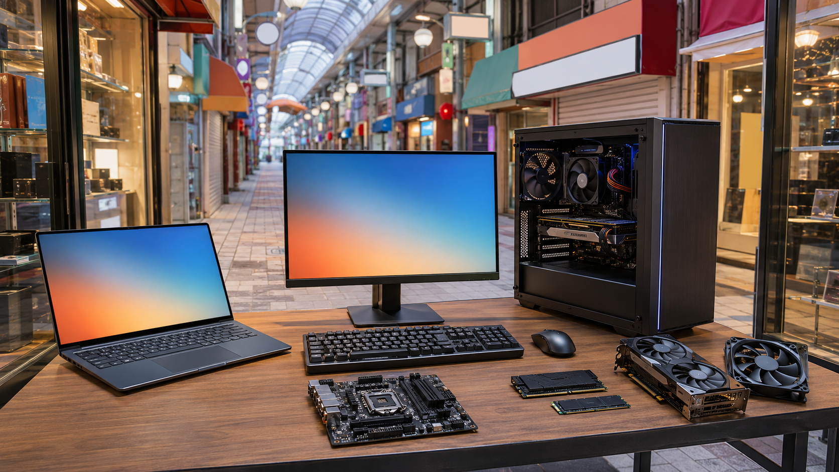 大須のパソコンショップで新品・中古・自作PCを比較するイメージ