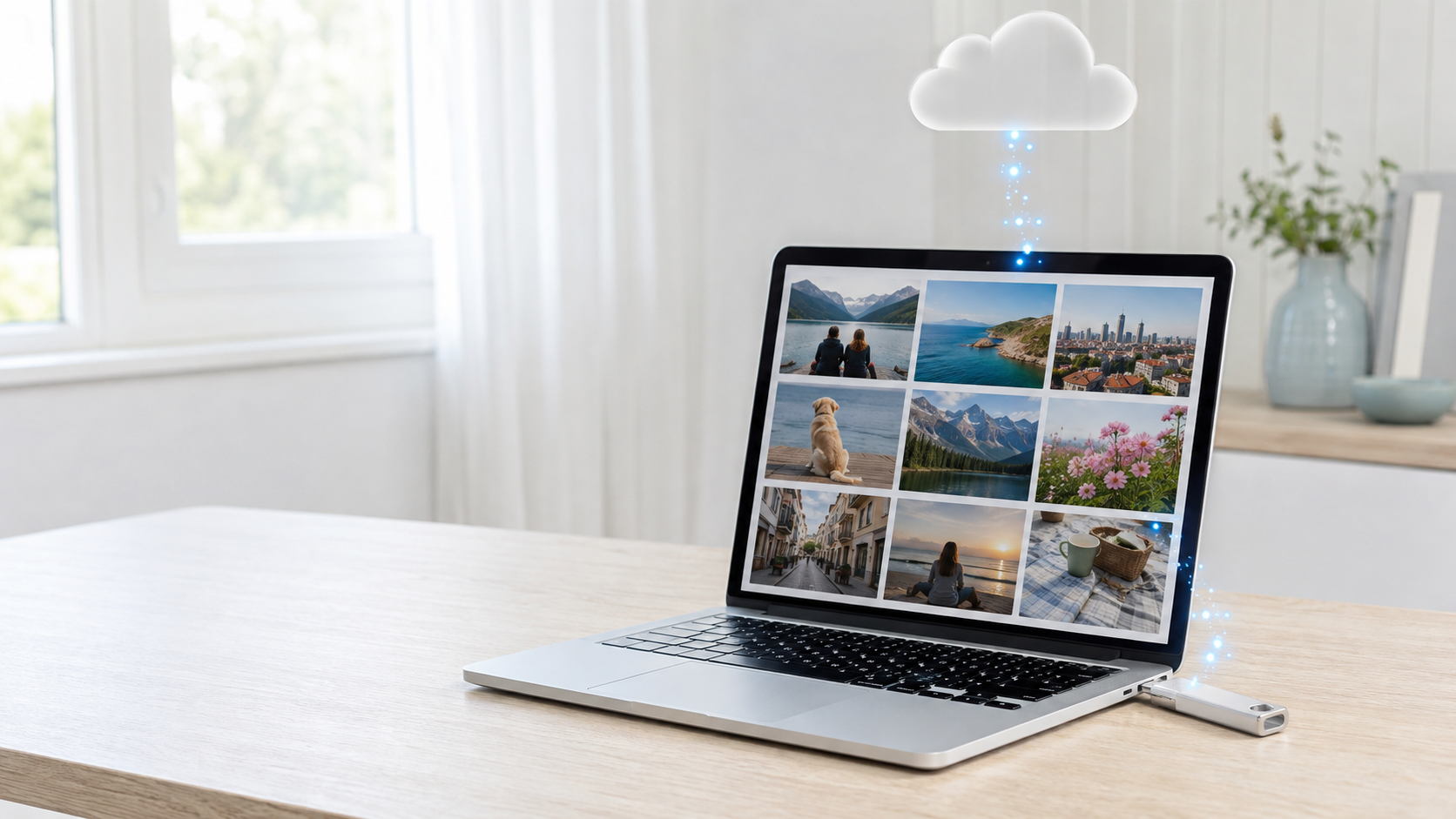 Googleフォトの写真をノートパソコンで開き、USBメモリへ保存する流れをイメージしたデスク上のアイキャッチ画像