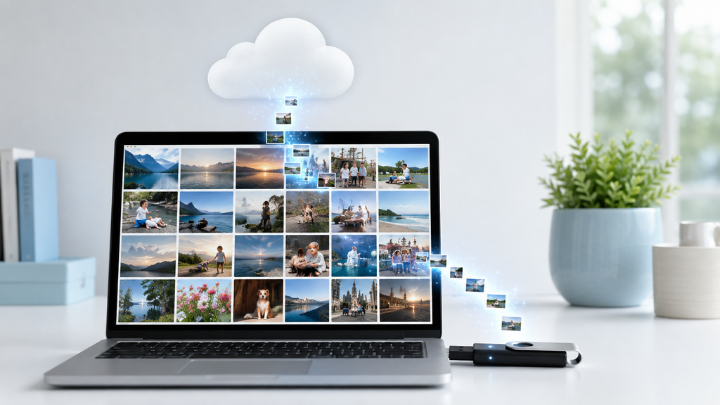 Googleフォトの写真をパソコンからUSBメモリへ保存する流れをイメージした画像