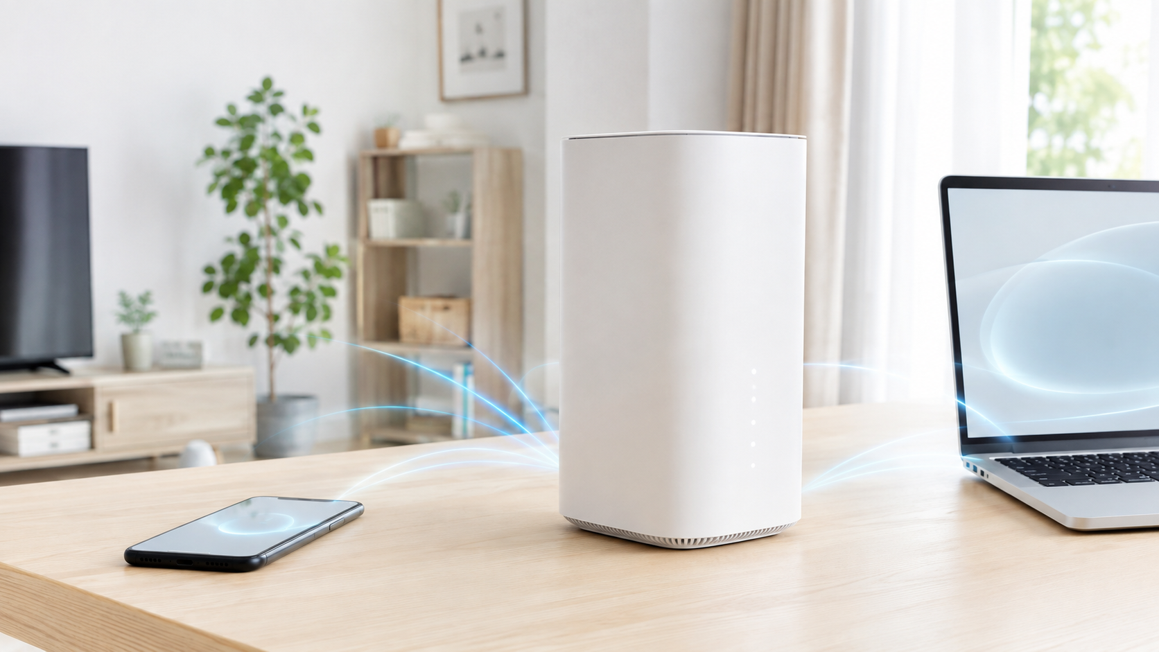 home 5G HR02の設定方法を解説する白いホームルーターとスマートフォン、ノートパソコンのイメージ