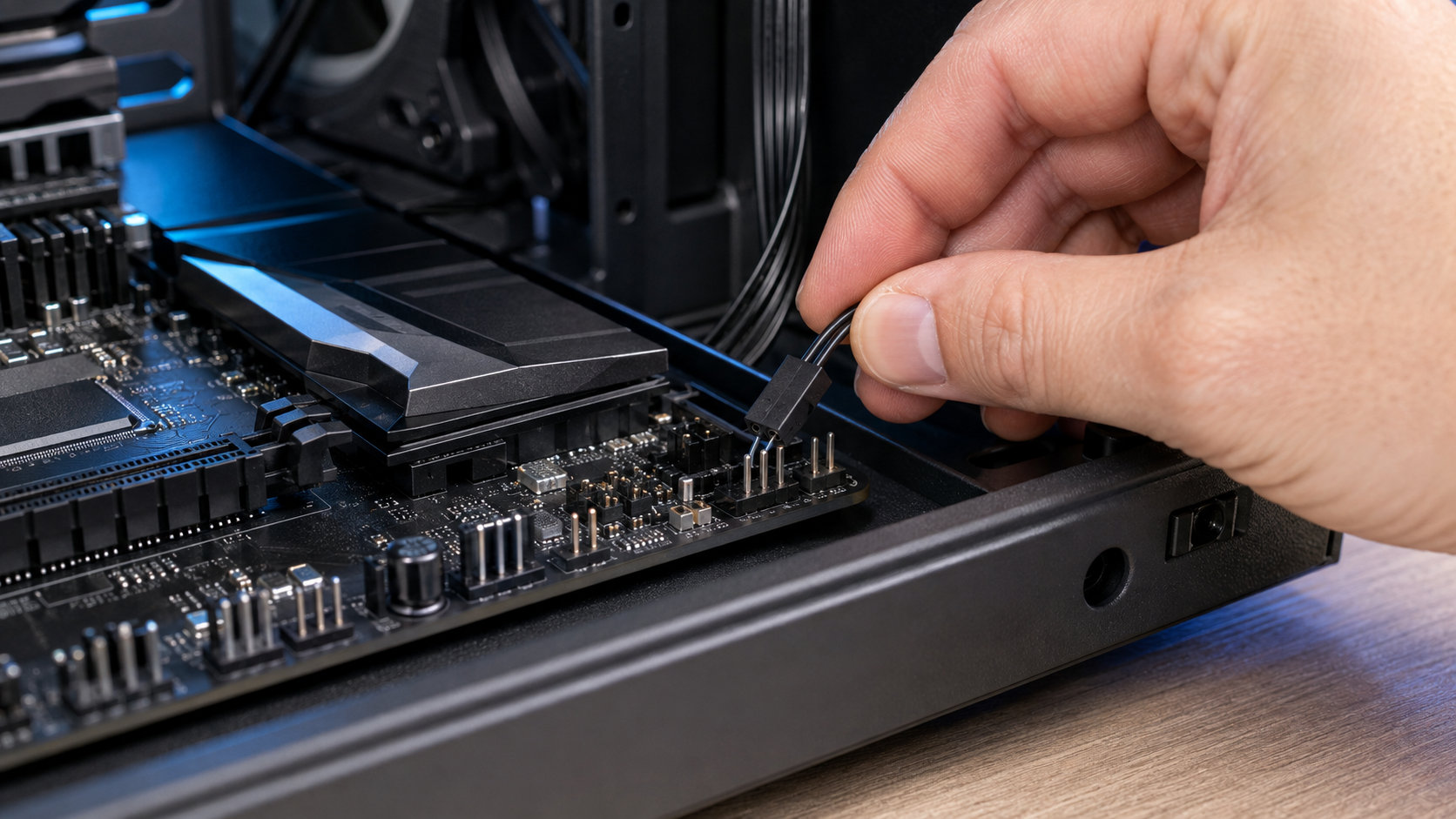 power swコネクターをマザーボードのフロントパネル端子へ接続する様子