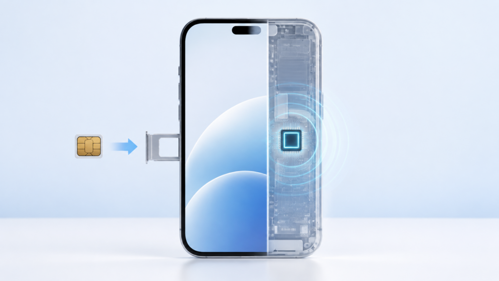SIMカードとeSIMの違いをスマートフォンで比較したイメージ
