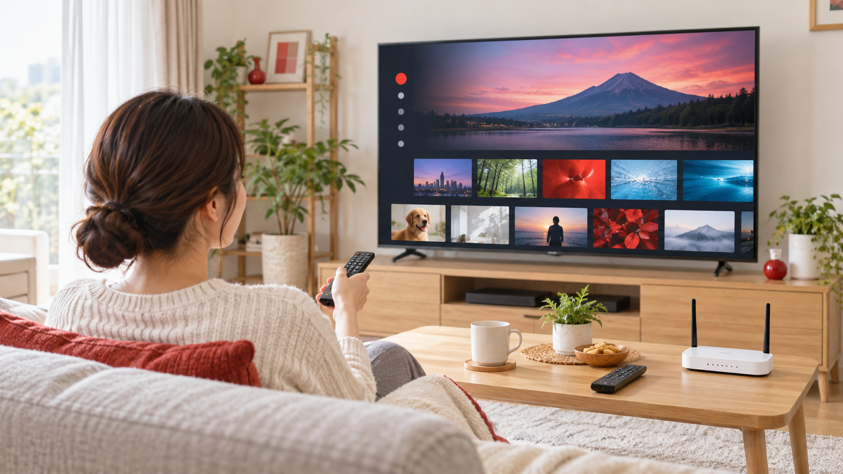 J:COMでNetflixを見る方法をイメージしたテレビとリモコンのあるリビングルーム